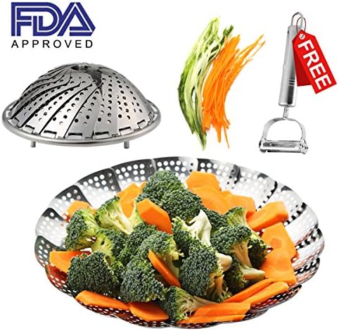 Vegetable Steamer Basket Stainless Steel Folding Collapsible 100% Pots NEW DESIGN Large Various Size 6 to 10 inch Instant Pressure Cooker Accessories + Julienne Peeler