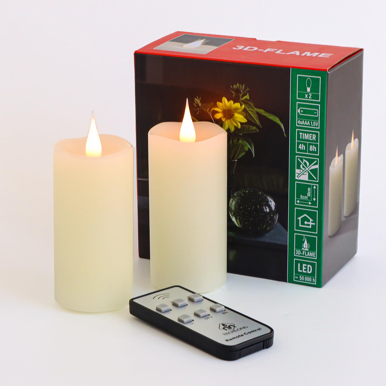 Photo 1 of TECHLONG Flameless Candles Battery Operated with Remote Timer, 3D Moving Flame Flickering, Last 400+ Hours, 2" x 4" Ivory Real Wax Electric LED Candle for Home Wedding Decor, 2 Pack