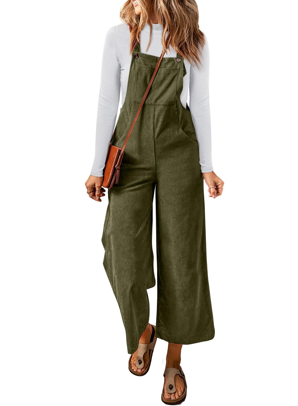 Photo 1 of Happy Sailed Fall Outfits for Women Casual Loose Adjustable Button Strap Sleeveless Overalls Wide Leg Long Pants Jumpsuits with Pockets Green Small
