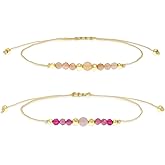 Agriajun Dainty Pink Red Orange Natural Stone Beads Bracelets Set for Women, Trendy Boho Handmade Adjustable Stackable Gold Beaded Strand Bracelet Fashion Jewelry Gift.