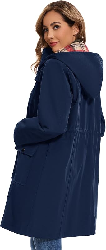 Veste Femme Imperméable à Capuche Longue Manteau de Pluie Femme Legere Trench Capuche Femme Poncho Pluie Impermeable Coupe Vent Printemps Été Automne, Bleu marine, M — photo 3 sur 7