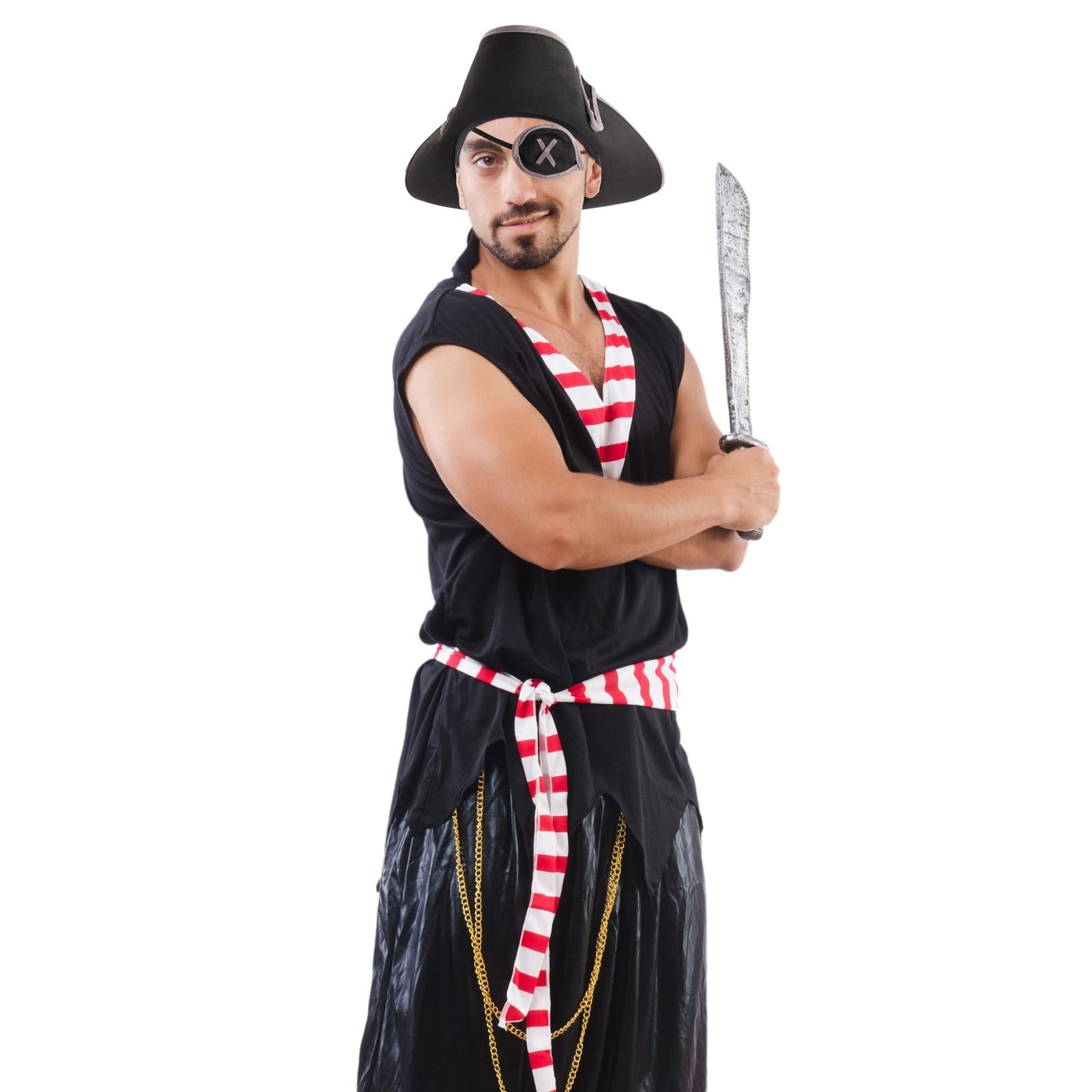 BLUE PANDA Black Pirate Hat and Patch - Adult One Size Fits Most, 22 in - Tricorn Style Hat for Cosplay & Costume Parties