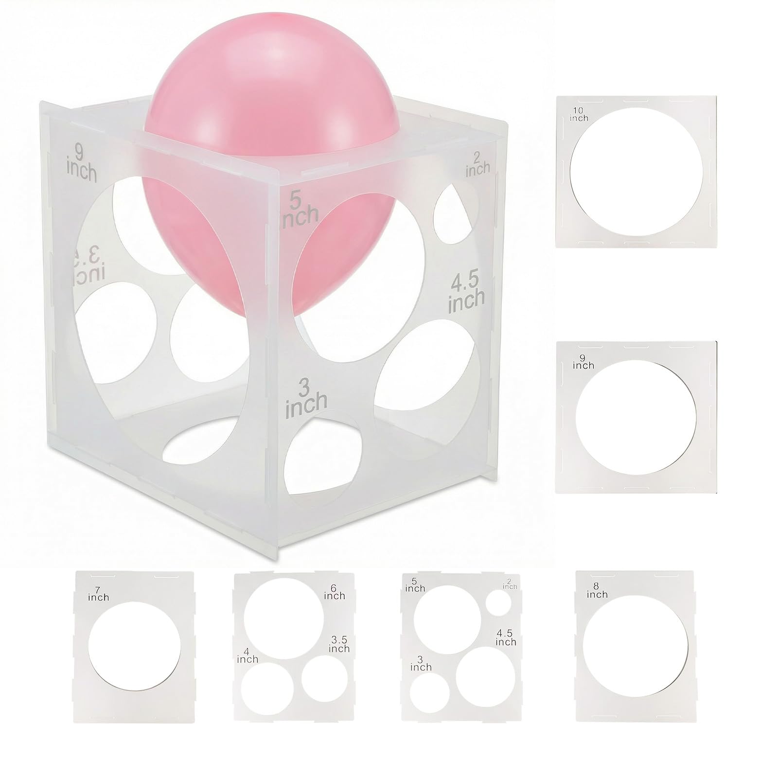 JEKUGOT Collapsible Plastic Balloon Sizer Box Cube - 11 Holes, Balloon Size Measurement Tool for Decorations, Arches, Columns - 2-10 Inch Balloons