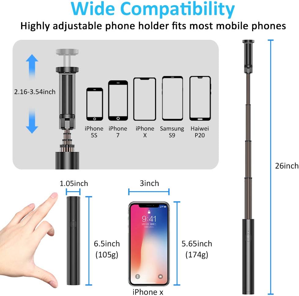 Vproof Selfie Stick Bluetooth, Lightweight Aluminum All in One Extendable Selfie Sticks Compact Design for iPhone 11 Pro Max/11 Pro/11/XS/XS Max/XR/X/8/8 Plus/7/6s/6, Galaxy S10/S9/S8/S7/S6/Note, More
