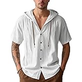 QOSOQ Men's Cotton Linen Shirts Short Sleeve Casual Sweatshirts Button Down Summer Beach Wedding Shirts with Hoodies