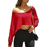 Fisoew Womens Off The Shoulder Cropped Tops Batwing Long Sleeve Loose Fit Summer Boat Neck Workout T Shirts