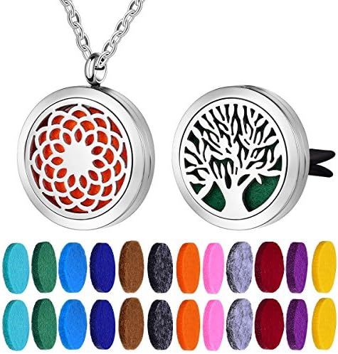 Essential Oil Necklace, Tree of Life Diffuser Pendant Necklace &amp; Aromatherapy Car Locket with Vent Clip - 316L Surgical Stainless Steel with 24 Pads