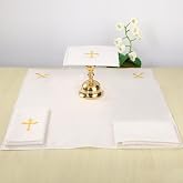 TALPGOD 4 Pcs Altar Supplies Linen Corporal for Churches Set(Pall,Corporal,Purificator,Towel),White Linen Altar Cloth Gold Cross Embroidery,Mass Kit Catholic for Priest