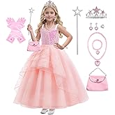 Btonai Kids Pink Witch Costume for Girls Pink Bubble Tulle Dress Princess Sequins Mesh Outfits with Accessory set