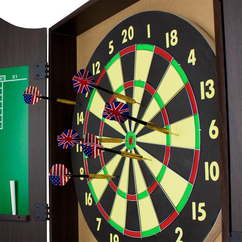 Triple Out Darts Walnut Dartboard Set with 6 Brass Darts and