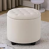 Furniliving Upholstered Button Tufted Round Ottoman, PU Storage Ottoman Round, Removable Lid Convenient Footstools, Classic Ottoman with Storage for Vanity, Nursery Room,IvoryWhite