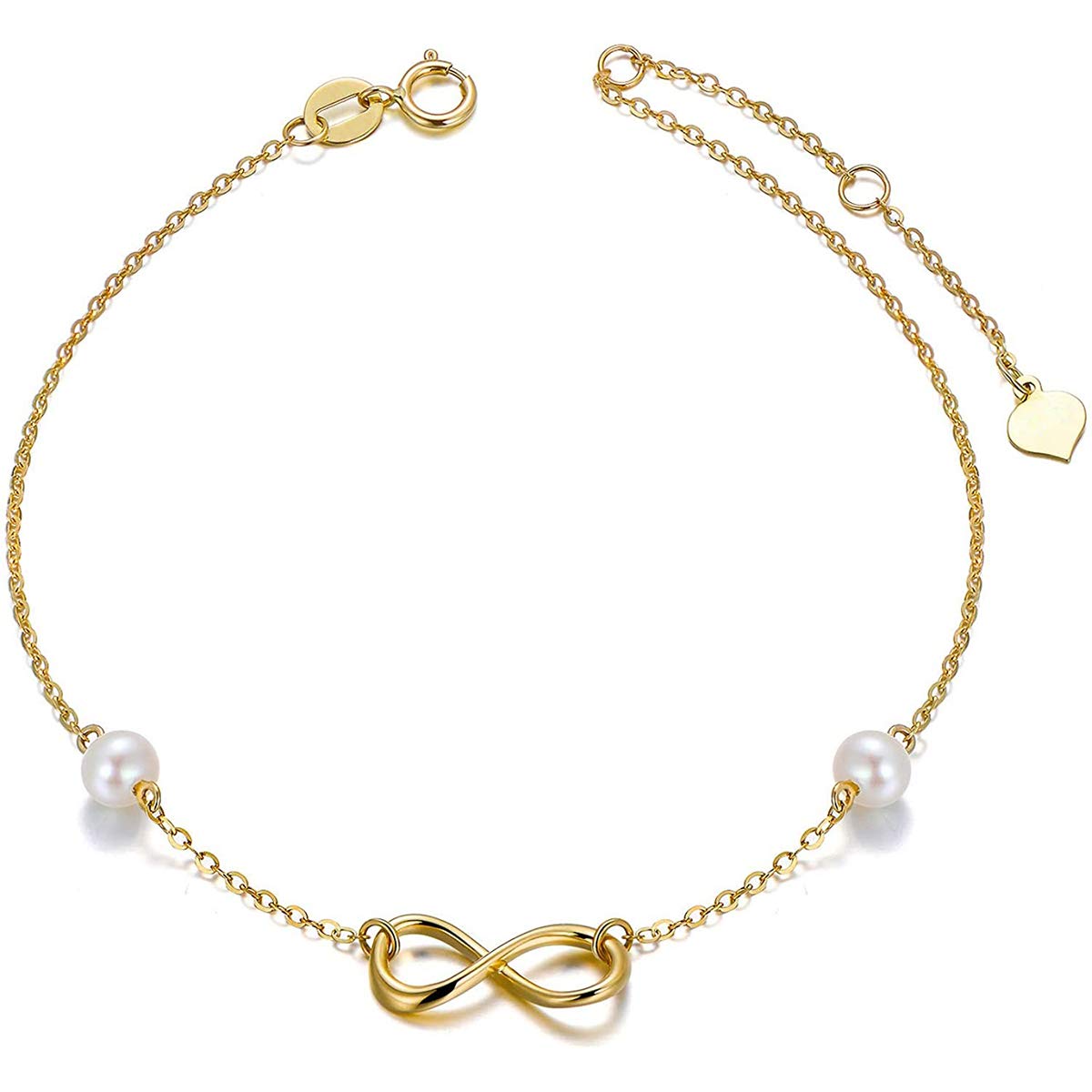 SISGEM Women's Gold Infinity Bracelet, 9ct Solid Gold Charm Link Bracelet with 4mm Freshwater Cultured Pearl, for Mum Sister Friend