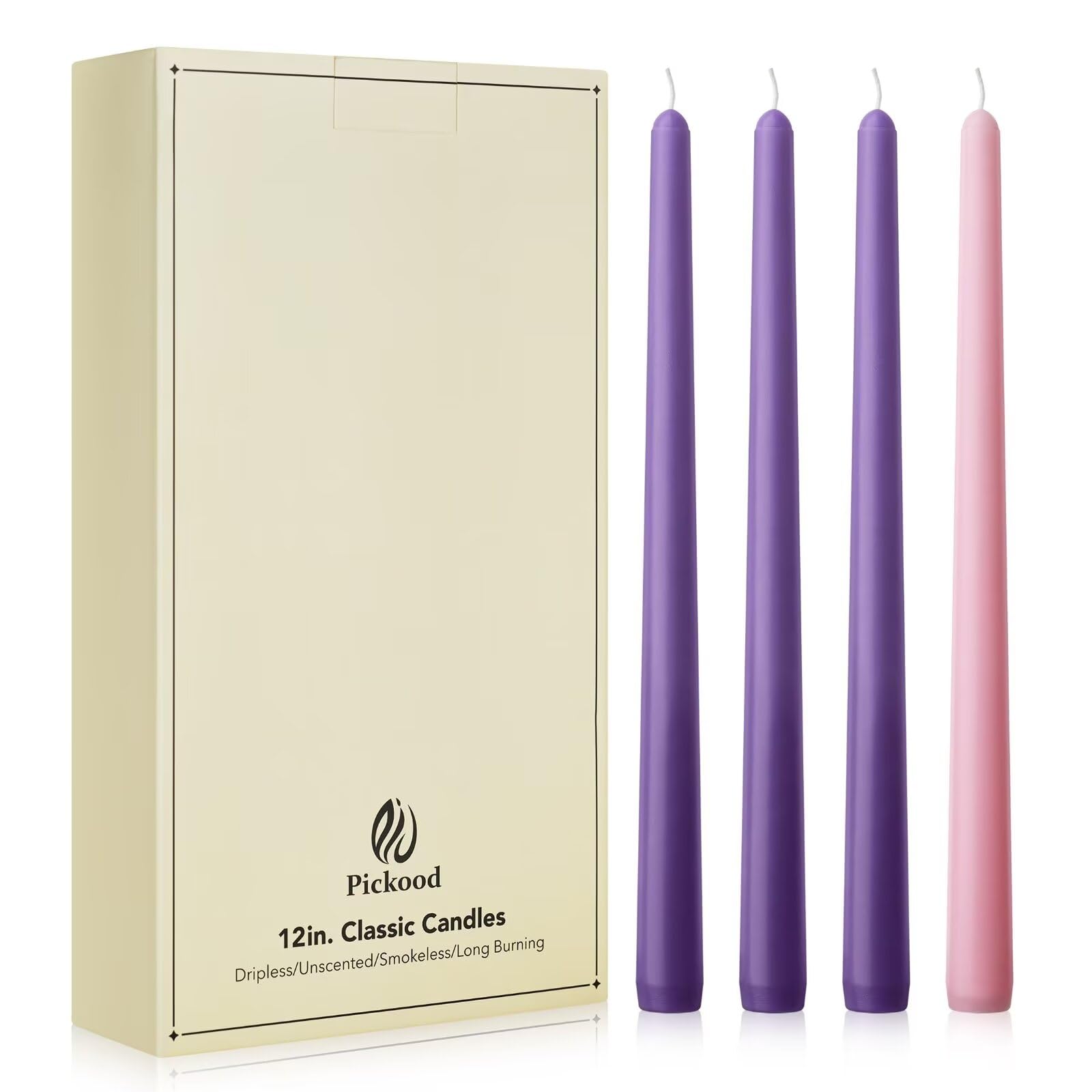 Photo 1 of Pickood 12-Inch Tall Dripless Advent Candles Set of 12, Tapered Candles, Perfect for Christmas - Smokeless, Unscented, Long Burning - Hand Poured, Colored Tall Candlesticks - Pink and Purple