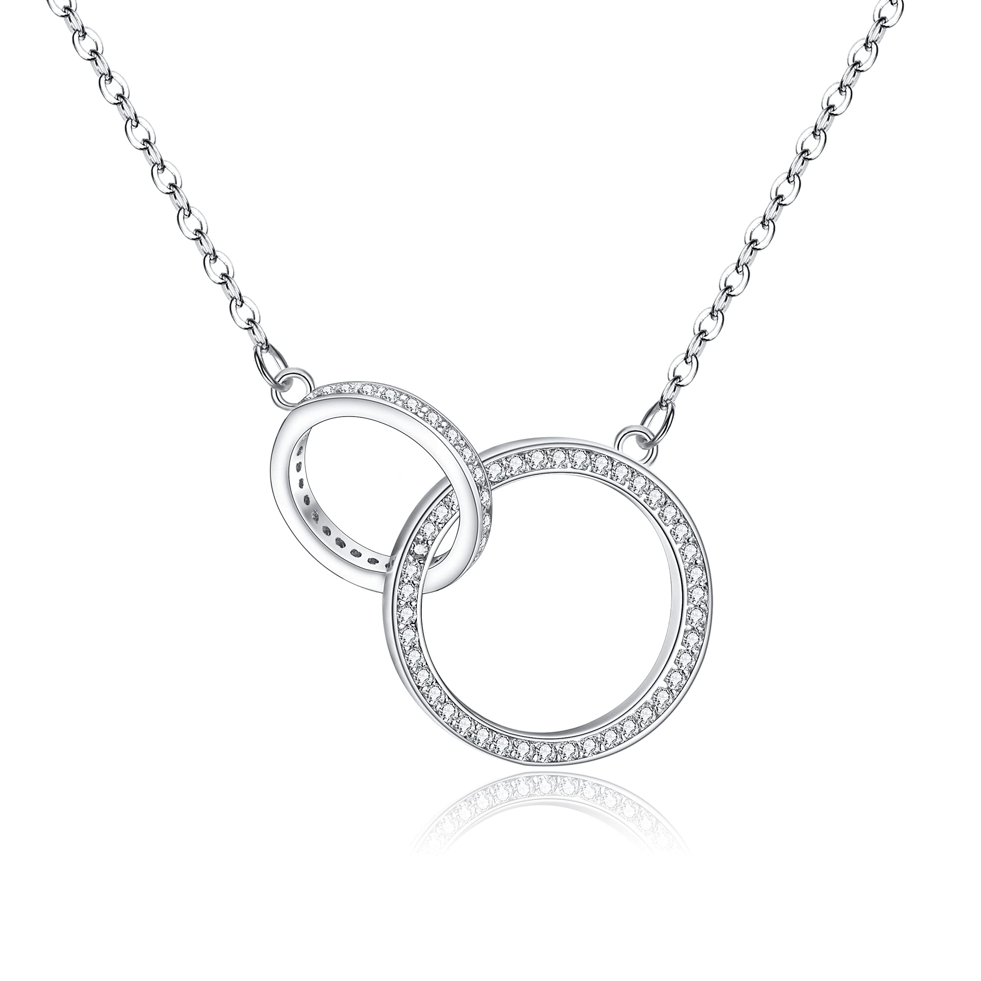Ever Faith 2 Circle Necklace for Women Girls, 925 Sterling Silver CZ Double Rings Interlocking Mother Daughter Friendship Necklace Jewelry Gift