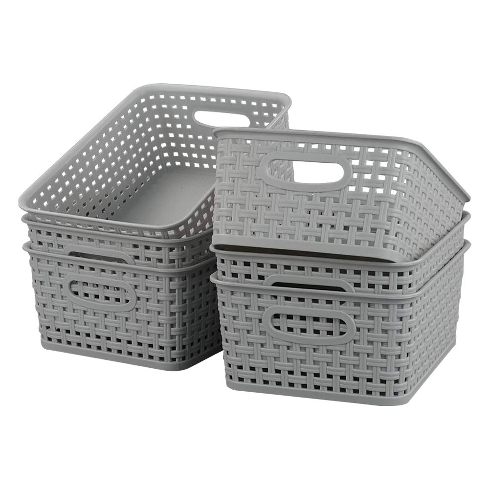 Kiddream Set of 6 Weave Basket Small, Rattan Plastic Basket Cupboard Storage Boxes (Grey)