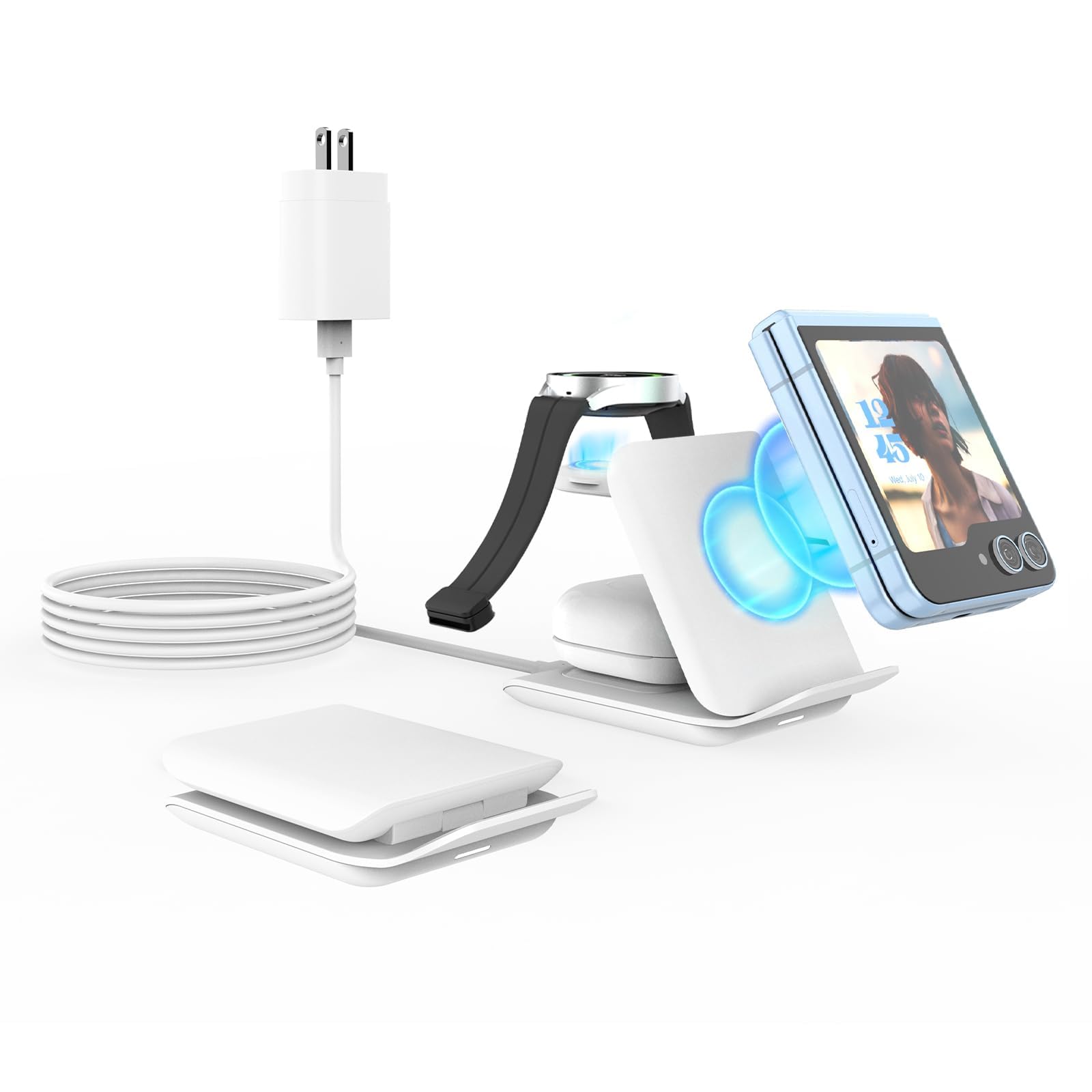 Photo 1 of 3 in 1 Wireless Charger for Samsung Z Flip 7, Foldable 15W Fast Wireless Charging Station, Portable Travel Charger Stand for Galaxy Z Flip 6/5/4/3, Motorola Razr+, Galaxy Watch 6/5, Earbuds, White