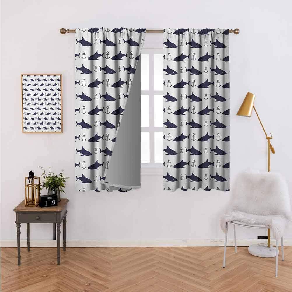 Blackout Curtains for Living Room-Warm Curtain Aquatic Pattern with Sharks and Anchors Contemporary Classical Modern Fish Animal,Balance Room Temperature W55 x L45 Set of 2 Panels