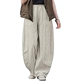 IXIMO Women's Linen Harem Pants Vintage Wide Leg Lantern Front Raw Frayed Patchwork Baggy Boho Lounge Trousers