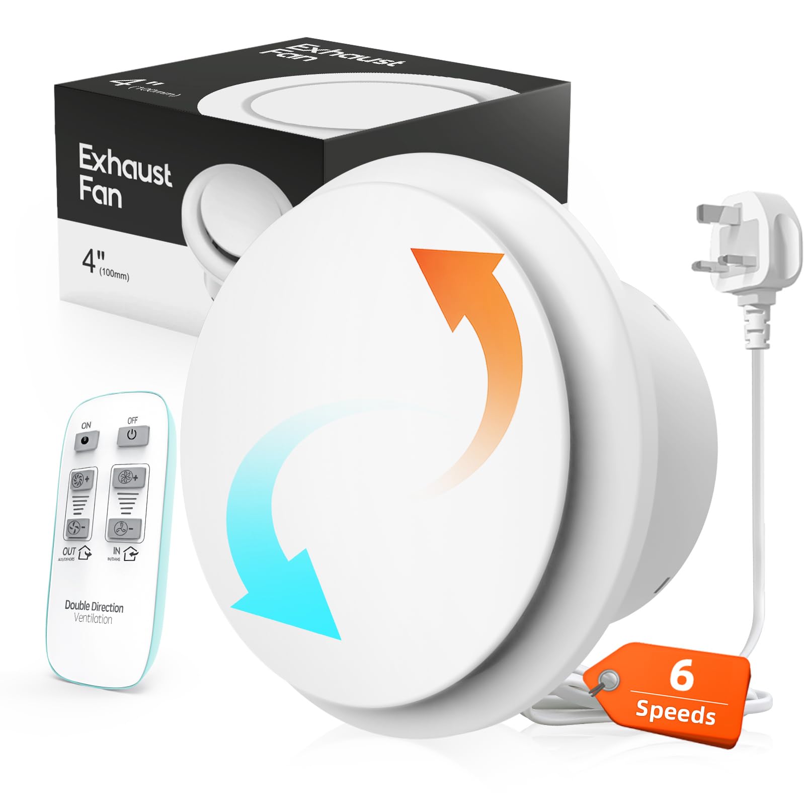 SBONNI 6 Speeds Reversible Bathroom Extractor Fan, Remote Control, Status Indicator, Smart Memory, IPX4, Silent Ventilation Fan for Window Wall Ceiling - Ideal for Shower Toilet Attic 100mm 4 Inch