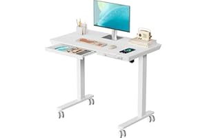 JYLH JOYSEEKER Small Standing Desk with Drawer, 35" x 20" Whole Piece Tabletop Electric Sit Stand Desk, Height Adjustable Desk with Storage & USB Ports, Quick Install Home Office Computer Desk, White