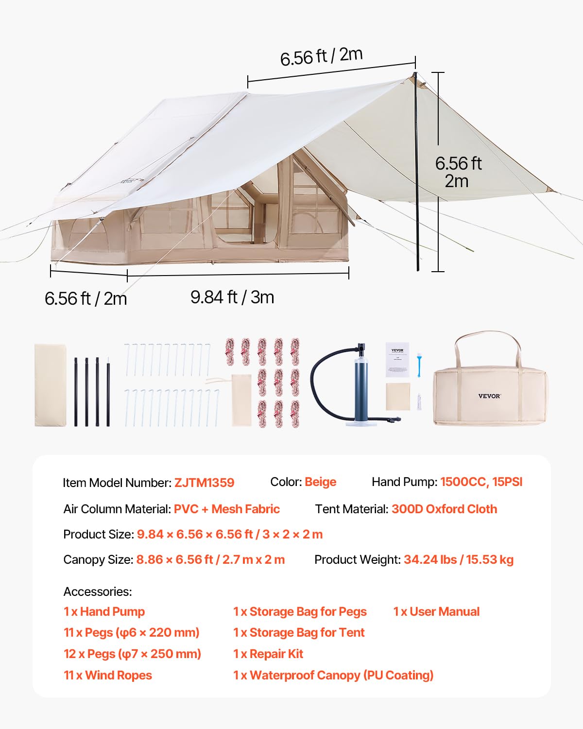 VEVOR Aufblasbare Zelte für Camping 3x2x2 m, 3–5 Personen, 300D Oxford 4-Jahreszeiten-Glamping-Zelt mit Baldachin, Handpumpe, Ofenanschluss, 2 Türen & 2 Netzfenstern (Aufbewahrungstasche inkl.) 8
