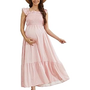 Off the Shoulder Maternity Dress for Baby Shower & Photoshoot, Retro Plaid Ruffle Sleeve Maxi Dress for Summer Pregnancy Pink