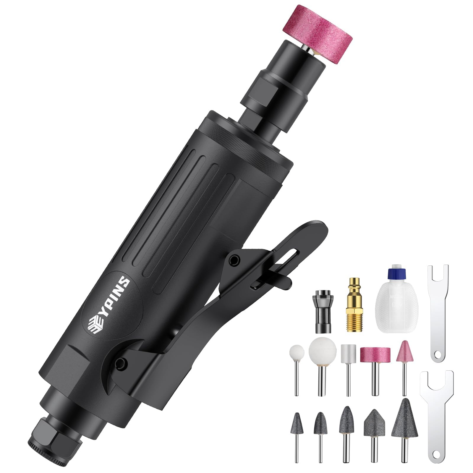 EYPINS Pneumatic Mini Air Die Grinder 1/4" & 1/8" - 25000RPM High-Speed Straight Grinding Tool with Safety Lock, Grinding Stones Kit for Metal, Wood, Plastic Polishing, Grinding & Rust Removal