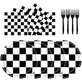 72Pcs Race Car Plates and Napkins, Black And White Checkered Flag Paper Plates and Napkins with Forks Disposable Tableware Set for Race Car Birthday Party Decorations