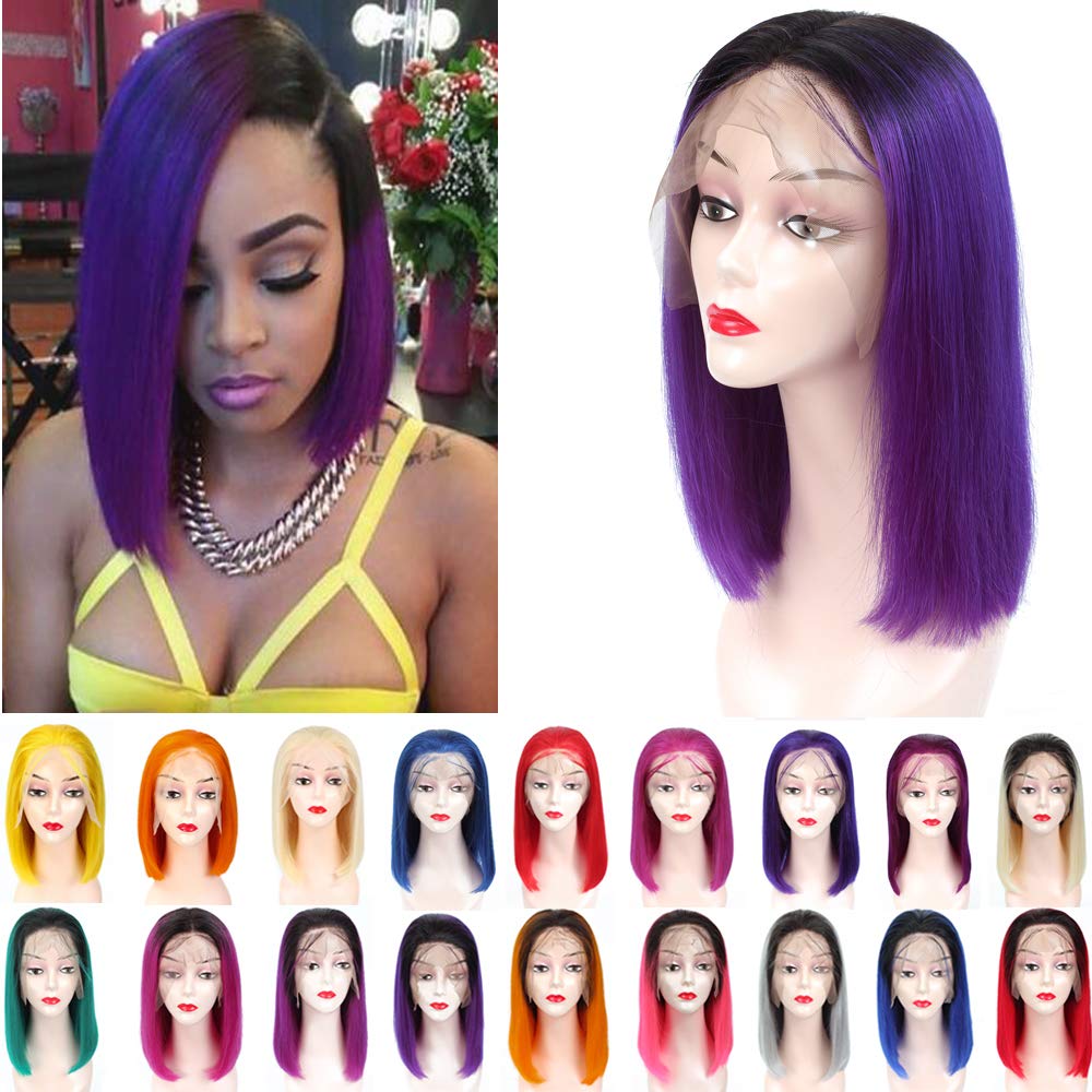 YOLAMI Ombre Two Tone T1B/Twilight Violet Brazilian Straight Short Bob Lace Front Wigs For Black Women 13X6 Deep Part Glueless Virgin Human Hair Lace Front Wig Pre Plucked(10inch, 1B/Twilight Violet)