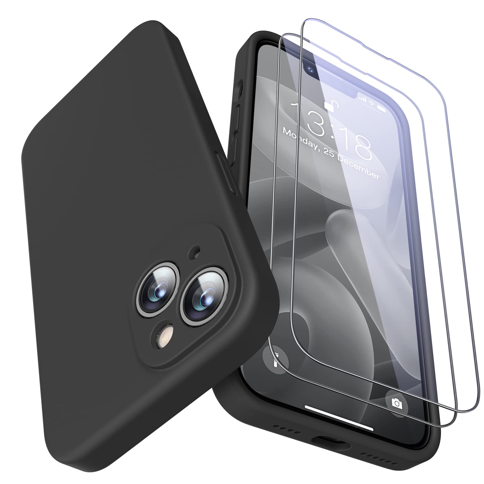 GOODVISH 3 in 1 Designed for iPhone 14 Plus Case (6.7") Liquid Silicone 2022, with 2 Pack Screen Protector, Shookproof, Anti-Scratch Gel Rubber Slim Phone Cover [360° Full Protection], Space Black