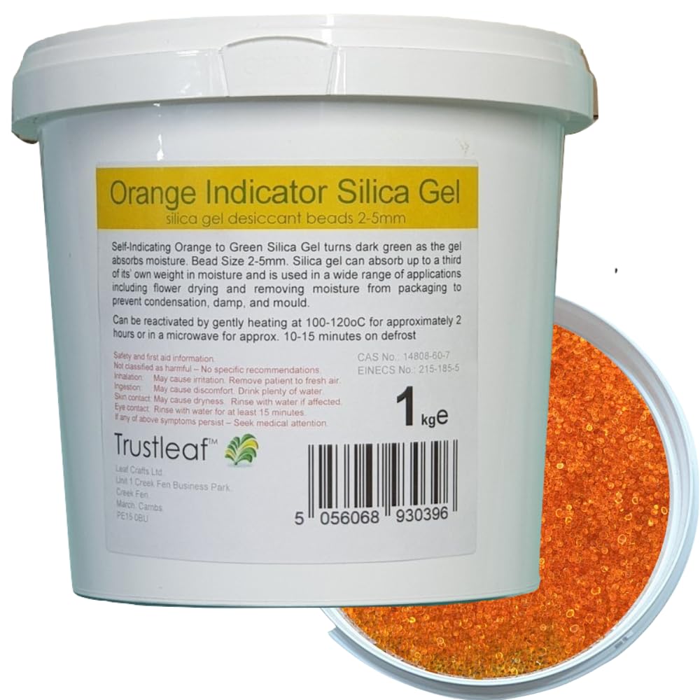 Trustleaf 1kg, 2.2lbs Tub of Orange Self Indicating Silica Gel, 2-4mm Beads - Dehumidify - Flower Drying - 3D Printing - Storage