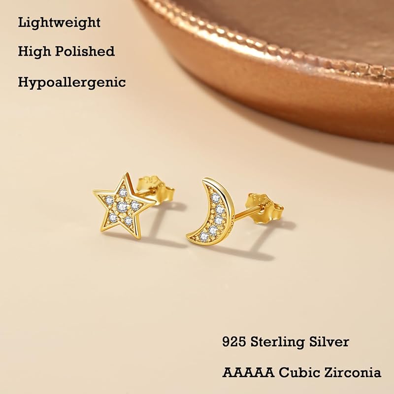 Brincos de prata para mulheres, prata esterlina 925, hipoalergénicos, em forma de coração, estrela, lua, com zircónia, brincos modernos de cartilagem de 8mm com caixa de presente — foto 3 de 7