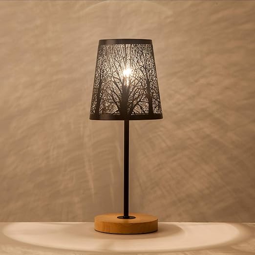OYGROUP Kleine Nachttischlampe mit Holzsockel Schwarz Metallstab Hohl