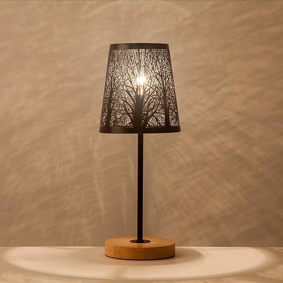 OYGROUP Kleine Nachttischlampe mit Holzsockel Schwarz Metallstab Hohl