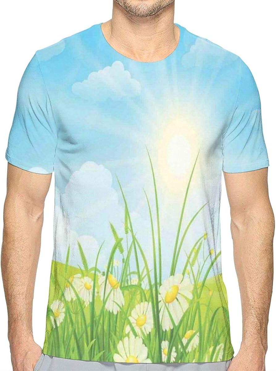 3D Printed T Shirts,Environment Themed Floral Meadow Illustration with Sunray Summer Season Blossom