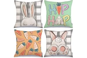 GEEORY Easter Pillow Covers 18x18 Inch Set of 4, Buffalo Plaid Rabbit Bunny Hip Hop Carrots Farmhouse Decorative Throw Pillowcases for Home Sofa Couch Decoration (Light Green) G467-18