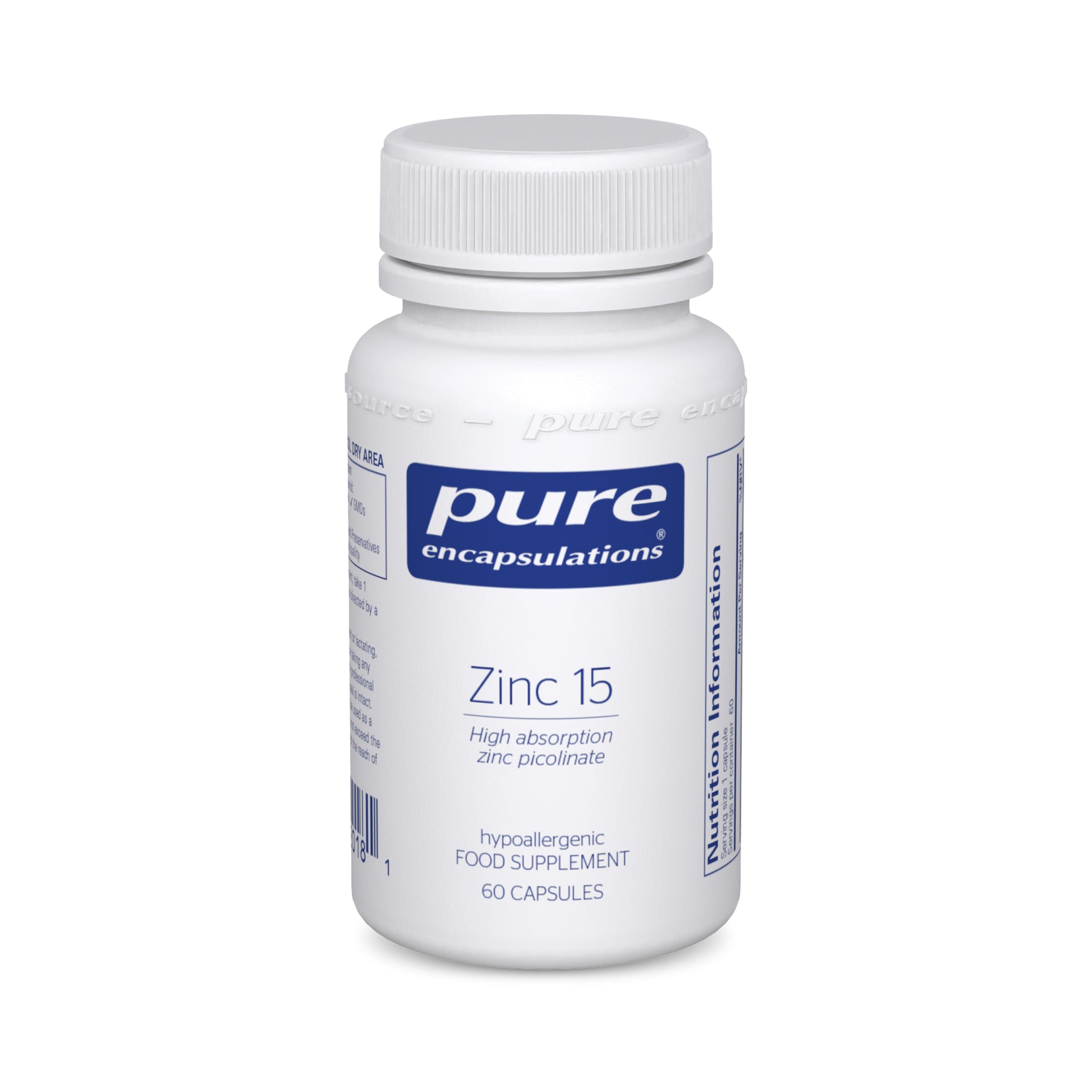 Pure Encapsulations Zinc 15 - Zinc Picolinate 15mg - Highly Absorbable Hypoallergenic Immune System Supplement - Fertility Supplement - Hair, Skin & Nails - 60 Vegetarian Capsules