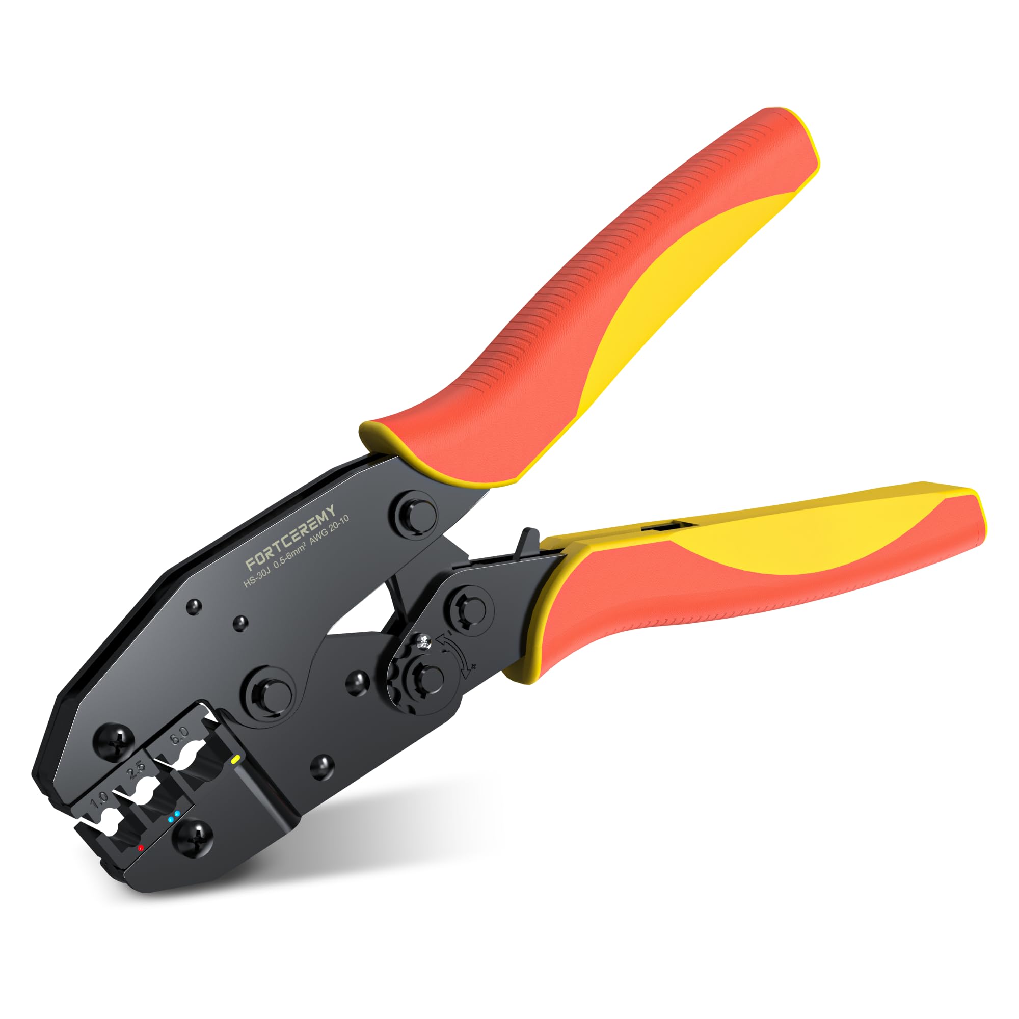 FortCeremy Orange Ratchet Crimping Pliers, AWG20-10 (0.5-1.5/1.5-2.5/4-6mm²), Insulated Wire Terminal Crimp Tool, Hand Crimping, Electrical Crimper Plier for Electrical Connectors