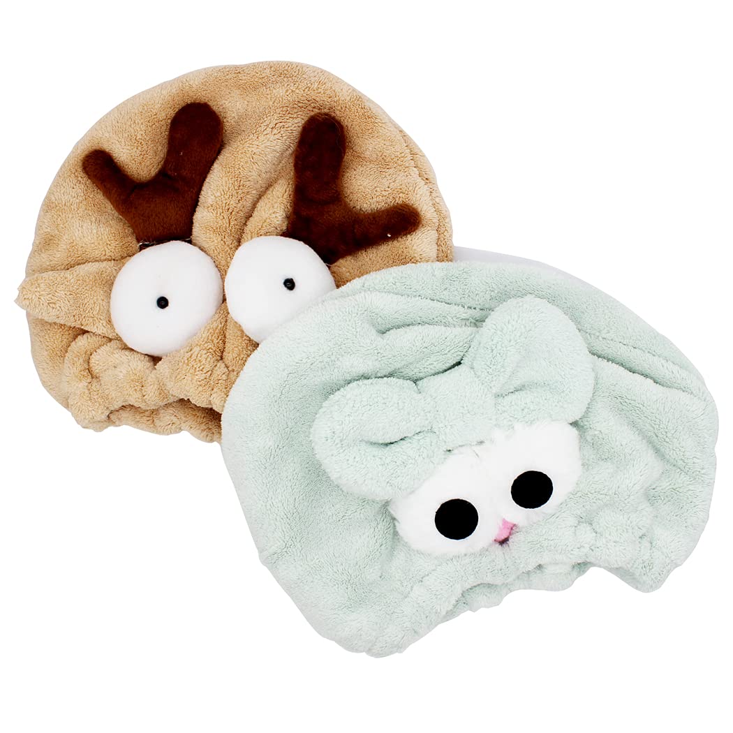 Abcsea 2 Pieces Kids Hair Drying Towel Wrap, Quick Drying Hair Turban, Elk & Green Elf