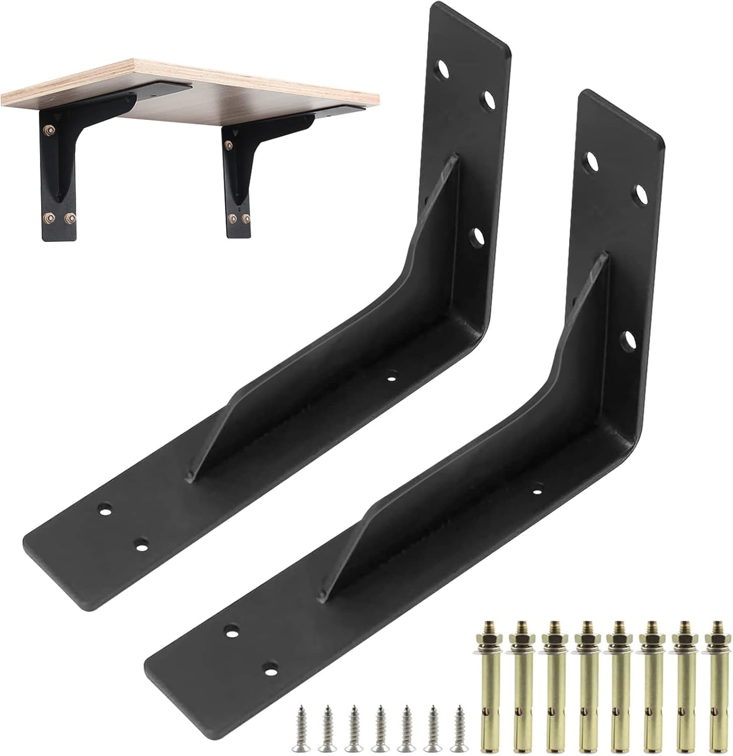 AUSYIWI Shelf Brackets 2Pcs, Heavy Duty Wall Brackets，Floating Shelf Brackets, L Brackets Wall Mounted Shelf Support, Matte Black Finished for Wall Mounting (Black, 16 inch)
