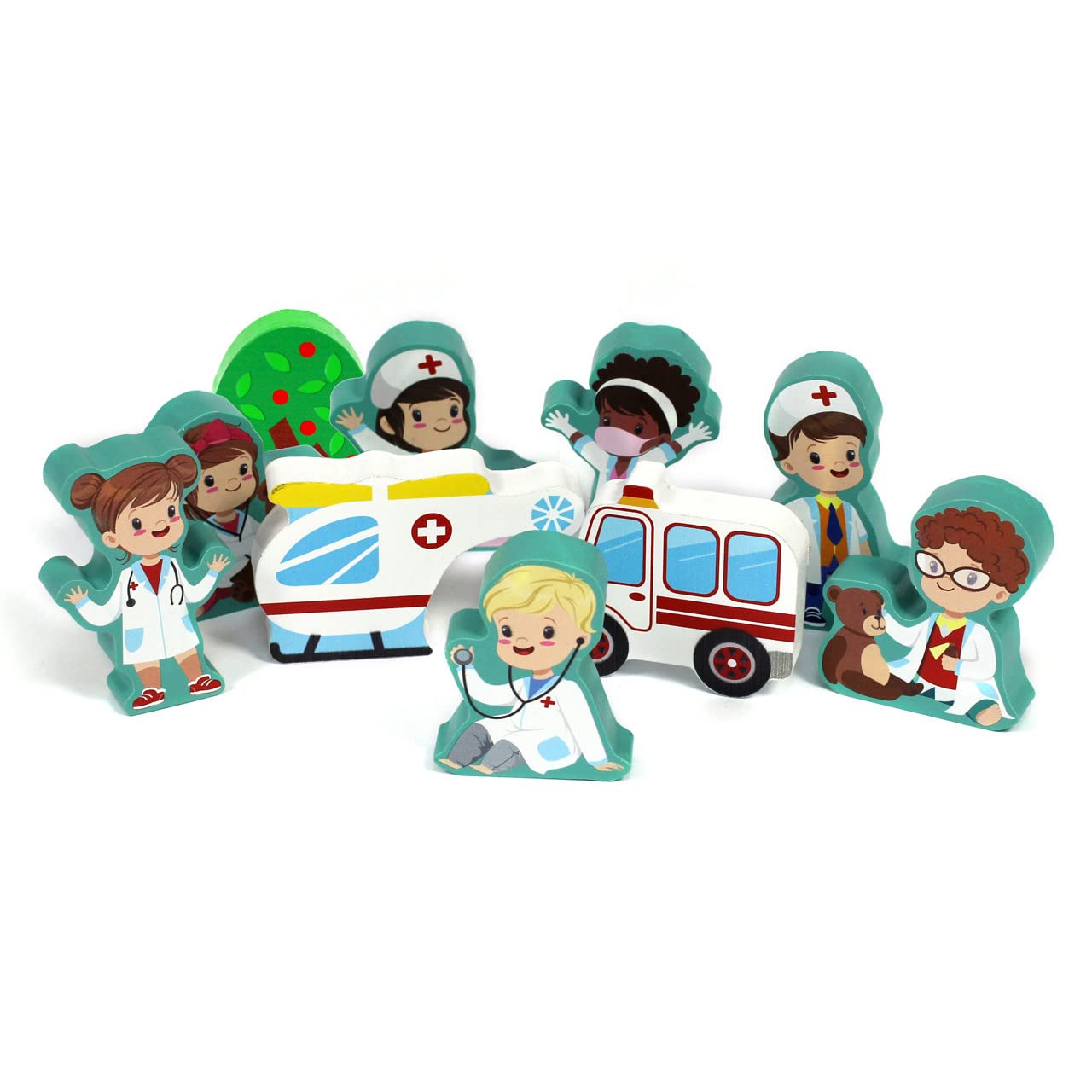 Talking Turtle 10-Piece Wooden Small World Hospital Doctors & Nurses & Emergency Vehicles Play Set - Inspire Imagination & Creative Playtime - Non-Toxic & Safe for Kids