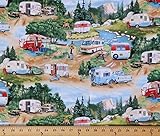 Cotton Vintage Trailers Camping Campers Outdoors RV's Cotton Fabric Print by the Yard 3502 Green