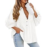 Tankaneo Womens Puff Sleeve Babydoll Tops V Neck Button Down Blouse Cute Casual Loose Fit Flowy Shirts