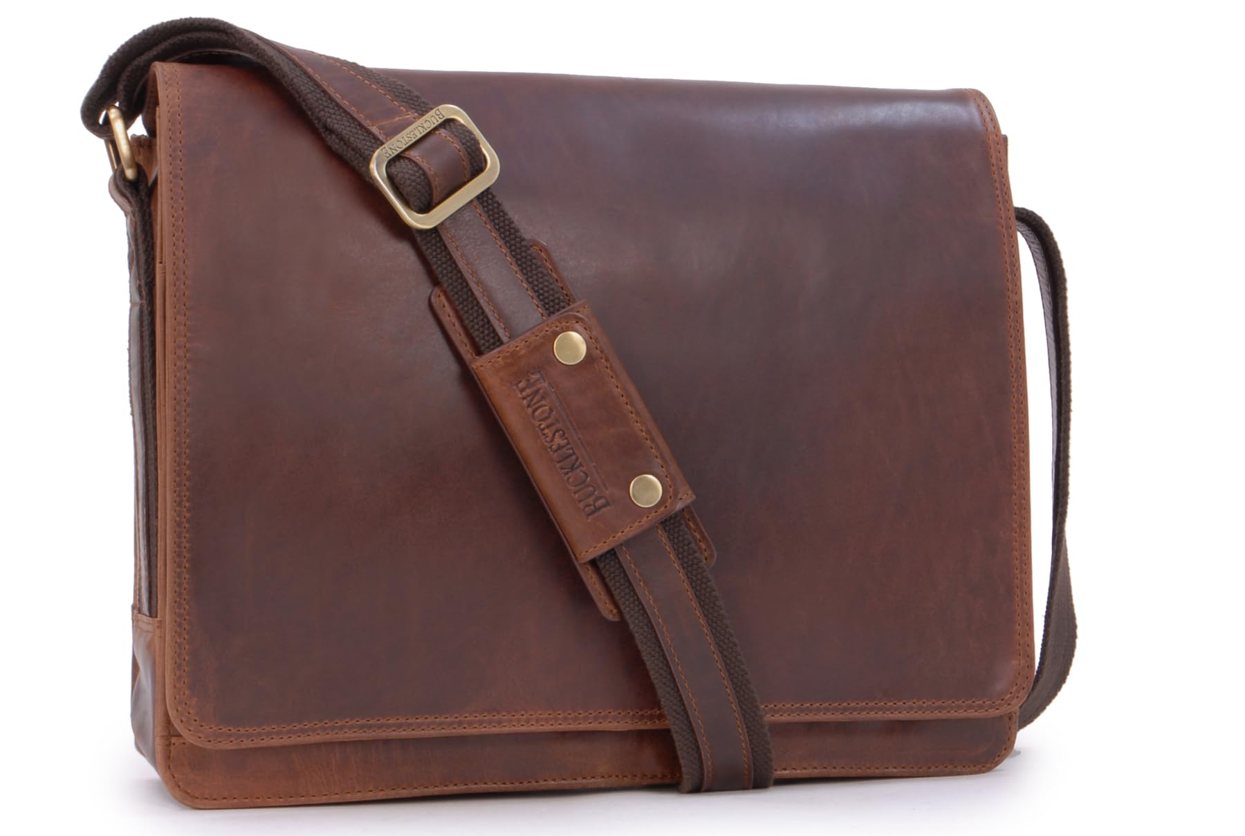 Bucklestone - Men's Leather Medium Messenger Bag - Crossbody Work Bag for 15 inch Laptop & A4 Notebooks - Lancaster - Brown