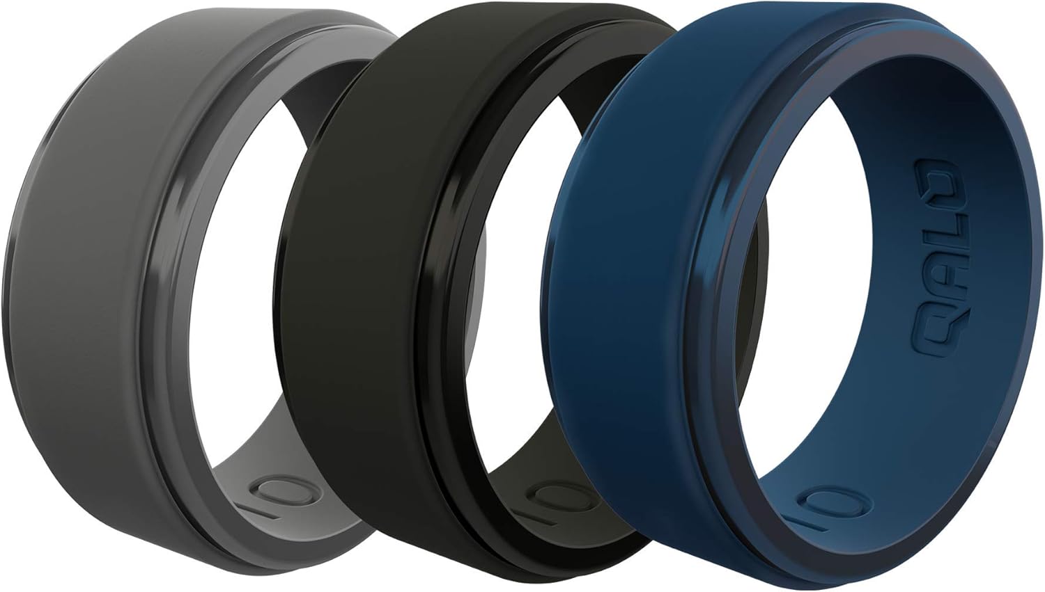 QALO Men's Polished Step Edge Silicone Ring Black/Grey/Blue