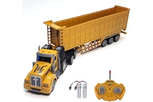 KNACKTOYZ RC Dump Truck with Trailer - 14" 1:48 Mini Semi Truck Toy with 2 Rechargeable Batteries, Remote Control Car Construction Vehicles with Lights, Engineering Tractor Toy for 3 4 5 Years Kids Boys Girls