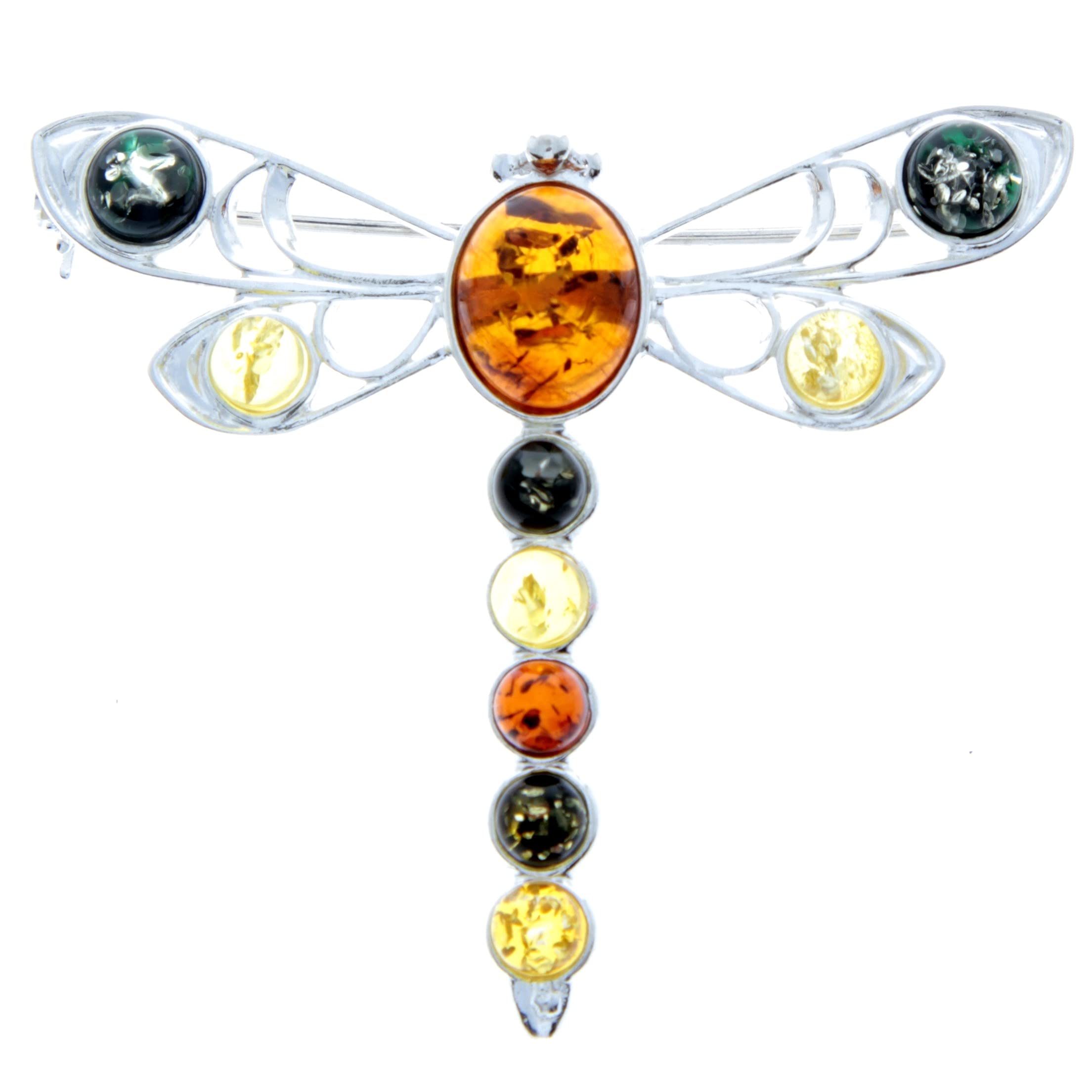 925 Sterling Silver & Genuine Baltic Amber Mixed Colour Dragonfly Brooch 4032 — image 1