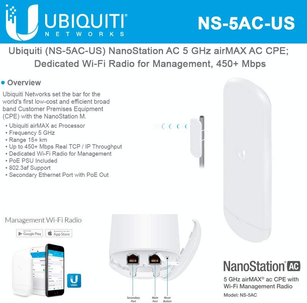 NanoStation AC NS-5AC-US 5 GHz Airmax AC CPE; Dedicated Wi-Fi Radio for Management