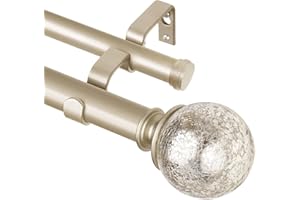 KAMANINA Double Curtain Rod 72 to 144 Inches(6-12 Feet) Champagne Gold Curtain Rods for Windows 66 to 120 Inches, 7/8 Inch Heavy Duty Drapery Rod with Crackle Glass Finials