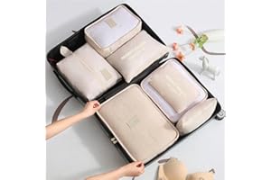 Fxkoolr 7 Set Packing Cubes, Packing Organizers Travel Foldable Luggage Organizers Storage Bag Accessories for Suitcase with Laundry Bag & Shoe Bag, Beige
